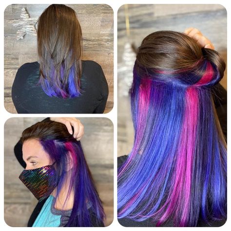 Hair color, galaxy, unicorn hair Sunset Hair Color Peek A Boo, Peak A Boo Hair Color, Peak A Boo Hair, Peak A Boo, Galaxy Hair, Hair Color Underneath, Color Highlights, Girl Haircut, Dye Colors