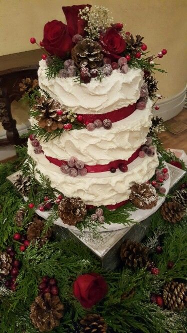 Diy Christmas Wedding Decorations, Wedding Cake Christmas, Wedding Cake Forest, Christmas Wedding Cake, Red Velvet Wedding Cake, Christmas Wedding Themes, Christmas Wedding Inspiration, Christmas Wedding Cakes, Samantha Wedding