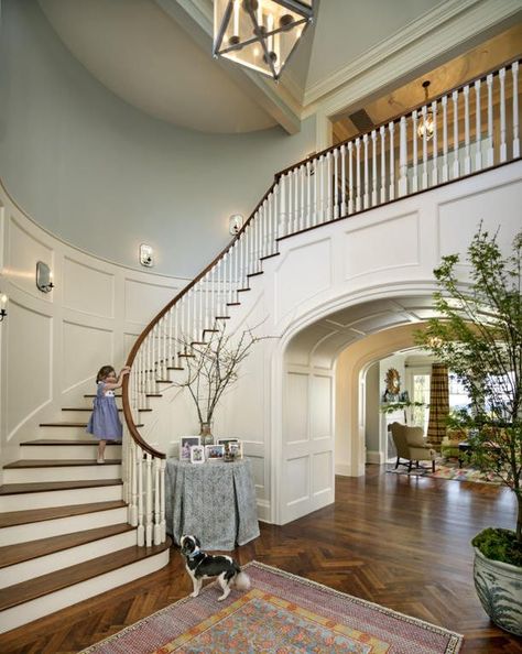 Curved Staircase Foyer, Foyer With Stairs, Curved Stairs, Stair Shelves, Modern Foyer, Foyer Staircase, Staircase Runner, Staircase Ideas, Staircase Decor