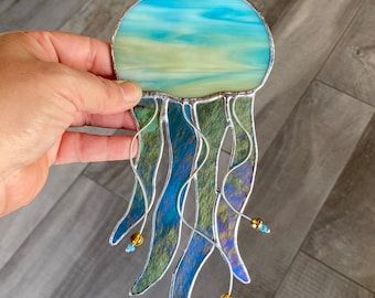 Whimsical Jellyfish, Jellyfish Suncatcher, Glass Jellyfish, Home Decor Coastal, Copper Foil Tape, Stained Glass Bird, Custom Stained Glass, Stained Glass Window Hanging, Bird Artwork