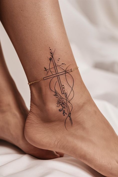 15 Inspirational Cross Tattoos for Women to Express Their Faith Cross Tattoos For Women On Back, Christen Tattoos Ideas, Fine Line Cross Tattoos For Women, Geometric Cross Tattoo, Christ Tattoo Women, Feminine Cross Tattoos For Women, Christanity Tattoos, Christian Tats, Christian Tattoos For Women