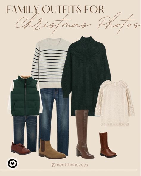 Family Photo Outfits 2023 Winter, Family Outfits Christmas Pictures, Red Truck Christmas Pictures Family Outfits, Christmas Photo Style Guide, Christmas Tree Photoshoot Family Outfit, Casual Holiday Photo Outfits, Christmas Mini Family Outfits, Casual Family Christmas Photo Outfits, Navy And Green Family Pictures