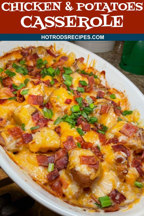 This Loaded Chicken and Potatoes Casserole is the ultimate comfort food. Just like a giant baked potato with chicken! Chicken Potato Casserole Dairy Free, Sheetpan Chicken Potatoes, Loaded Baked Potato And Chicken Casserole, Chicken Stuffed Baked Potatoes Recipes, Chicken With Baked Potatoes, Fried Potatoes And Chicken, Spicy Chicken And Potatoes, Potatoes Chicken Recipes, Loaded Potato And Chicken Casserole