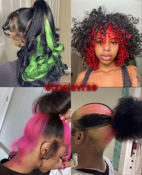 Two Tone Hairstyles Black Women, Dyed Hair With Black Hair, Creative Ways To Dye Your Hair, Ideas For Hair Dye, Purple And Red Hair Highlights, Bleaching Hair At Home Black Women, Dye Hair Ideas For Black Hair, Colored Natural Hair For Black Women, Ways To Dye Your Hair Ideas