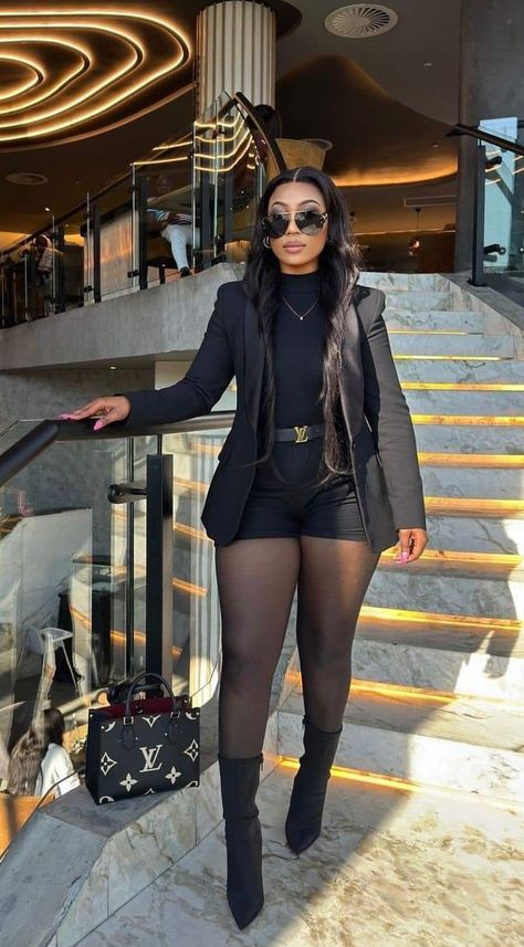 All Black Date Night Outfit Black Women, Work Outfits With Black Tights, Cute Fall Club Outfits, All Black Thanksgiving Outfit, Stocking And Shorts Outfit, Black Cute Outfits Classy, Blazer And Fishnets Outfit, Black Cocktail Party Outfit, Shirt Dress And Corset Outfit