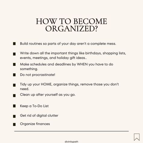 Ready to take control of your life and become a master of organization? 🙌🏼💫 It's time to build some solid routines, write down those important dates (hello, birthdays!), and make schedules and deadlines to keep yourself on track. No more procrastination, just pure productivity! ✨ And let's not forget about tidying up your home and organizing all your things. 🏡 Because let's face it, a cluttered space equals a cluttered mind. 🧠 And let's not forget about digital clutter and those finances th... Cluttered Mind, Organize Motivation, Digital Clutter, School Study Ideas, Take Control Of Your Life, Small Business Advice, Things To Do At Home, Study Ideas, Productive Things To Do