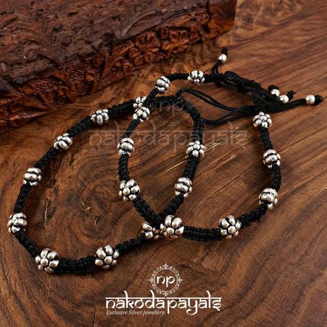 92.5 pure silver black thread anklets Shop online at www.nakodapayals.com #nakodapayals #925silver #silver #puresilver #silverlove… Black Thread Anklet Silver, Thread Anklets, Black Anklet, Silver Anklets Designs, Silver Payal, Diya Rangoli, Kids Jewellery, Wedding Flower Jewelry, Bridal Necklace Designs