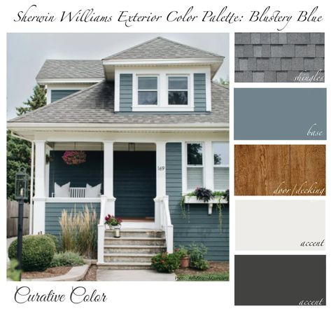 Blustery Blue SHERWIN WILLIAMS Exterior Color Palette - Etsy Turquoise Siding Exterior, Blustery Blue Sherwin Williams Exterior, Gray Blue Home Exterior, Stone Accent House Exterior, Blue Green Grey Exterior House Colors, Moody Blue Sherwin Williams Exterior, Sw Blustery Sky Exterior, Blue House Cream Trim, Blue Gray House Exterior White Trim