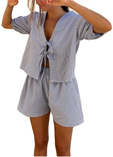 PRICES MAY VARY. MATERIAL: Women cute 2pcs outfits are made of 95% polyester and 5% spandex, ultra-soft, skin-friendly, durable and not easy to deform, good breathability, and comfortable to wear. DESIGN: Plaid pattern pjs set outfits for women clothing, tee tops for women use lace up, bow tie, puff short sleeve, ruffle hem, deep v-neck, cropped length, matches with wide leg, high waist, elastic waistband, with 2 pockets soft shorts, chic and stylish sleep clothes, cute going out two piece suit. Relaxed Vacation Outfits, Mid Size Resort Wear, Lake Outfits For Women, Front Tie Shirt Outfit, Cruise Aesthetic Outfits, Cute Amazon Clothes, Summer Sets Outfits Two Pieces, Athens Greece Outfit, Backyard Party Outfit