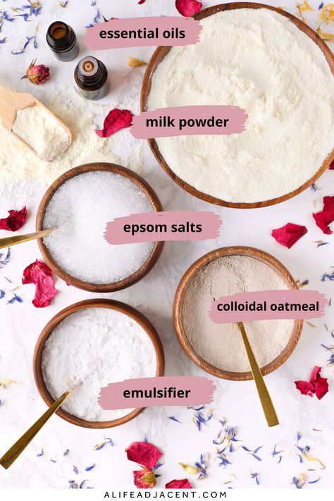 Milk Bath Recipe (6 Nourishing DIY Milk Baths for Soft Skin) Oat Milk Bath Recipe, How To Make Milk Bath, Diy Bath Milk, Cleopatra Milk Bath Recipe, Mineral Bath Soak Diy, Homemade Bath Soak, Bath Salt Packaging Ideas, Bath Scrubs Diy Recipes, Bath Milk Recipe