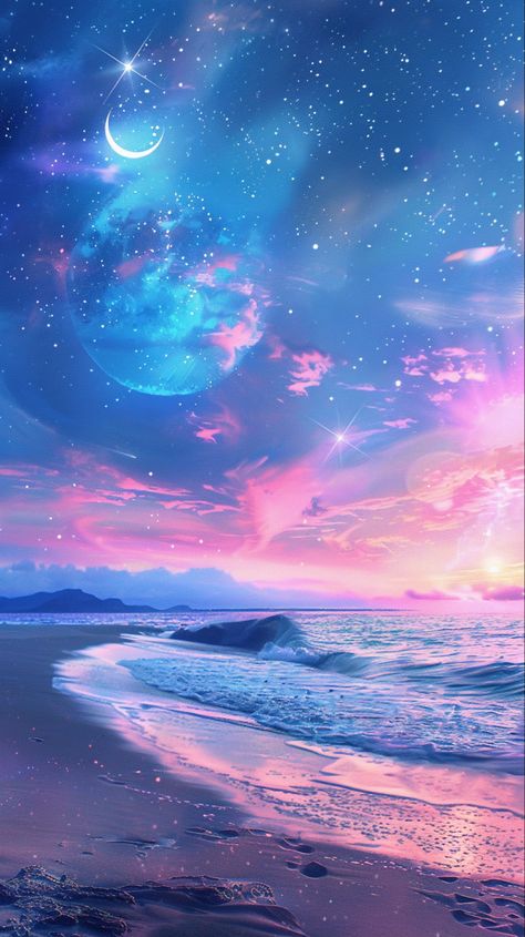 Adorn your iPhone with the serene beauty of a fantasy beach under a rainbow sky. This wallpaper captures a breathtaking scene where a crescent moon and stars twinkle above in soft pastel colors, offering a glimpse into a tranquil, dreamlike world. Inspired by the styles of various artists, this beautiful backdrop combines fantasy and elegance, perfect for those seeking a touch of whimsy for their device. #FantasyBeach #PastelSky #CrescentMoon #iPhoneWallpaper Beautiful Moon Photography, Fantasy Sky, Really Cool Backgrounds, Beautiful Moon Pictures, Whatsapp Wallpaper Cute, Dreamy Artwork, Cute Galaxy Wallpaper, Pretty Phone Wallpaper, Pretty Backgrounds