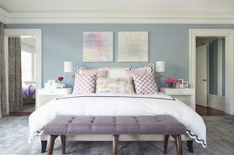 bedroom with purple foot stool Bedroom Purple And Gray, Blue And Purple Bedroom, Purple And Gray Bedroom, Bedroom Art Above Bed, Lavender Bedroom, Best Bedroom Paint Colors, Blue Gray Bedroom, Bedroom Purple, Grey Wall Decor