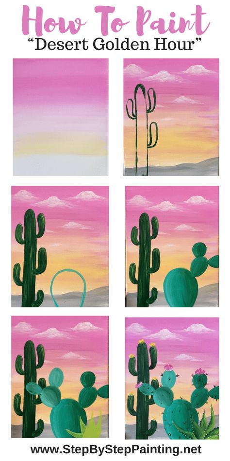 Foreground Art, Easy Desert, Cactus Painting, Canvas Painting Tutorials, Simple Canvas Paintings, Easy Canvas Art, Desert Painting, Desert Sunset, Seni Cat Air