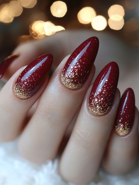 2024 Xmas Nails, Red And Gold Manicure, New Years Holiday Nails, Nails Christmas And New Years, Modern Christmas Nails Design, Red Nails Silver Glitter, Almond Shaped Holiday Nails, Short Stiletto Christmas Nails, Festive Christmas Nails Red