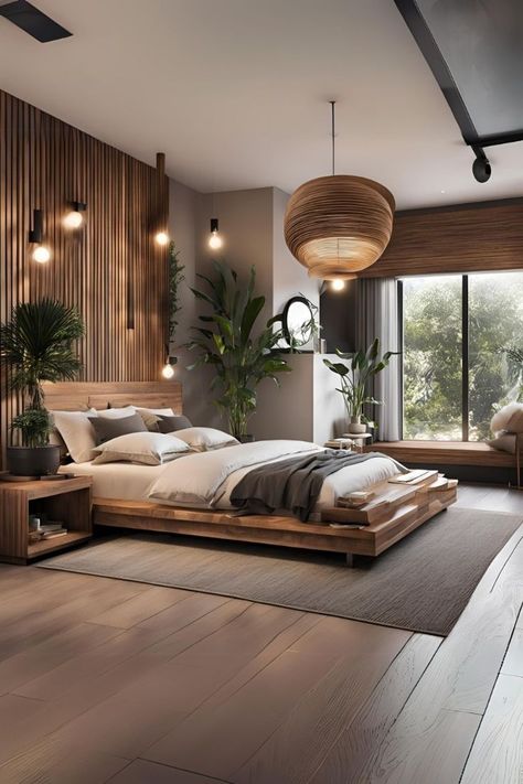 Earthy Bedroom Lighting, Earthy Tones Home Interior, Woodsy Modern Bedroom, Bedroom Wood And Black, Black And Brown Wood Bedroom, Modern Attic Bedroom Ideas, Wood And Plants Bedroom, Warm Tone Interior Design, Wood Accent Bedroom