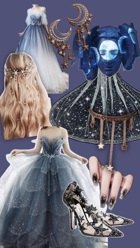 With the silhouette of a princess ball gown, this dress clearly resembles the night sky. The layers of tulle in the skirt create clouds of dark blue, gray, and white, and hand embroidered beneath the surface are hundreds of swirling stars that move around around to form different constellations. The mask is not a mask at all, but face paint to create the full moon. Over the course of the evening the moon wanes, until it completely disappears as a new moon at the end of the night, revealing the person underneath. Mask Masquerade, Princess Ball Gowns, Beneath The Surface, The Full Moon, Space Theme, New Moon, The Mask, A Princess, A Mask