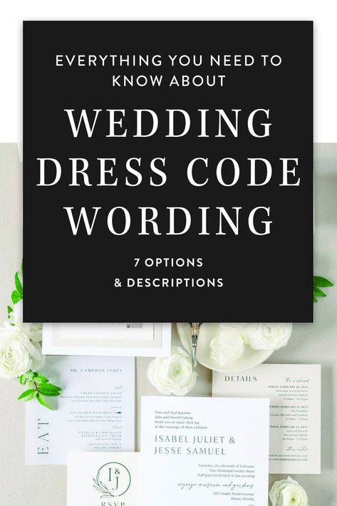 Providing suggested attire will help ensure guests dress appropriately for your big day based on your venue, location, weather, theme and formality. Guests will also appreciate the guidance so they don't show up too casual or too dressy – no one wants to feel like they're out of place! Wedding Attire Description, Wedding Guests Dresscode, Wedding Attire Invitation Wording Dress Codes, Wedding Guest Attire Request, Wedding Dress Code Guide Wording, Wedding Invites Dress Code, Wedding Dress Attire For Guest, Dress Code Wording For Invitation, Wedding Guest Dress Code Invitation