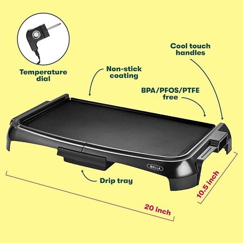 Amazon.com: BELLA Electric Griddle with Crumb Tray - Smokeless Indoor Grill, Nonstick Surface, Adjustable Temperature Control Dial & Cool-touch Handles, 10" x 16", Black: Home & Kitchen Florida Furniture, Electric Griddle, Indoor Grill, Black Home, Electric Grill, Coffee Machines, Small Kitchen Appliances, Tortillas, Juicer