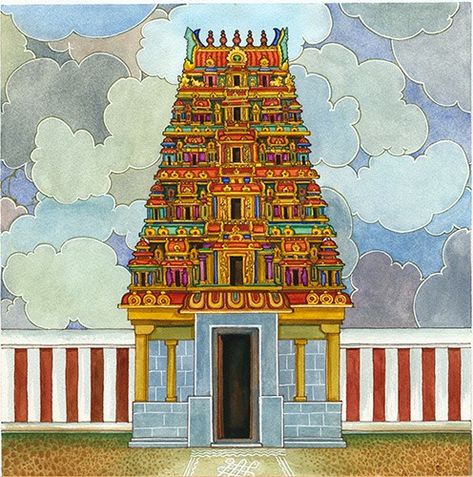 Temple Gopuram Painting, Temple Gopuram Drawing, Gopuram Sketch, Gopuram Drawing, Gopuram Painting, Temple Gopuram, Rangoli Images, Blouse Painting, Tamil Culture