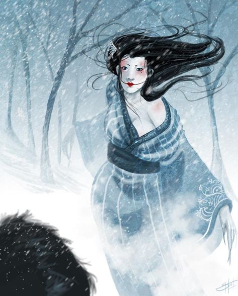 The Yuki-Onna (雪女 or ゆきおんな, Yuki-Onna) is a snow woman ghost described as inhumanly beautiful, whose eyes can strike terror into mortals that get lost traveling in the snowy mountains. She floats across the snow, leaving no footprints. Yuki-onna appears on snowy nights as a tall, beautiful woman with long black hair and blue lips. Her inhumanly pale or even transparent skin makes her blend into the snowy landscape (as famously described in Lafcadio Hearn's Kwaidan: Stories and Studies of.... Japanese Yokai, Japanese Myth, Yuki Onna, Mini Mundo, Art Chinois, Japanese Mythology, Japanese Folklore, Wakayama, Urban Legends