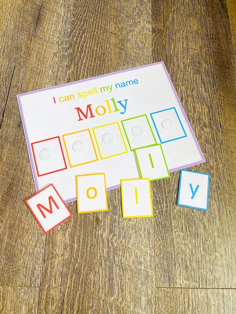 This personalized Name Recognition Learning Page is a fun, hands-on way for your child to practice learning their name. This educational name spelling learning game is perfect for little learners who are ready to learn how to practice spelling their name! The rainbow color letters helps your little one match the letters in their name more easily.    This learning game is perfect to add with other games and to add to a busy book for extended learning Letters Of Name Activities, Name Recognition Kindergarten, Pre K Name Recognition Activities, Two Year Old Name Recognition, Hands On Alphabet Activities Preschool, Name Spelling Activities Preschool, Name Recognition Toddlers, Toddler Name Recognition Activities, Letter Recognition Games Kindergarten