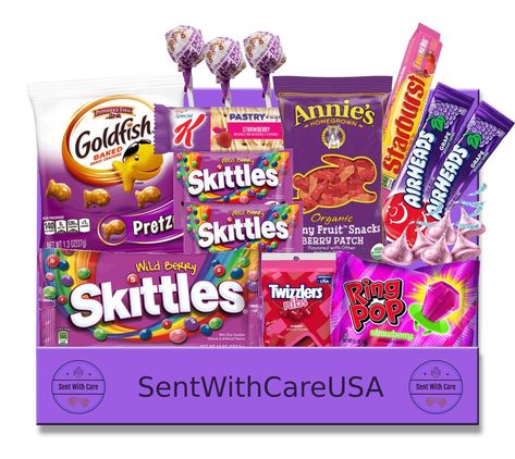 Purple Food Items For Color Party, Color Party Basket Ideas Purple, Purple Snack Basket, Purple Gift Box Ideas Birthday, Purple Foods For Color Party, Purple Care Package, Purple Gift Box Ideas, Purple Snacks, Yellow Themed Gifts