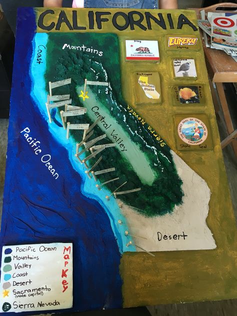 California map 4th grade student project California Salt Dough Map, California History 4th Grade, California Regions Project 4th Grade, Waldorf Geography, California History Projects, State Project, Virginia Studies, Writing Interventions, Spelling Homework