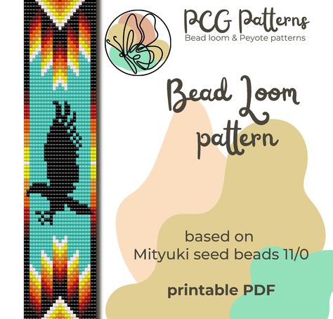 "Bead Loom Pattern instant download printable PDF on how to make DIY seed beads bracelet. Pattern is based on Miyuki seed beads 11/0 palette but any available beads can be used. Note that beads you use affect on size of bracelet, so make measures while beading. Better use high-quality calibrated seed beads to get perfect results. Difficultiness: * Medium Bead colors: 8 Approximate size of the finished product: * 1.33\" = 25 columns * 6.40\" = 93 rows Materials needed: * Seed beads * Seed bead ne Eagle Flight, Beaded Barrettes, Beaded Belts, Perler Pattern, Seed Beads Bracelet, Miyuki Beads Pattern, Native American Beadwork Patterns, Native Beading, Beading Loom