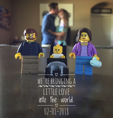 LEGO pregnancy announcement Lego Baby Announcement, Lego Pregnancy Announcement, Baby Flight, Baby 2 Announcement, Lego Baby, Custom Minifigures, Babies Stuff, Baby Reveal Party, Lego Diy