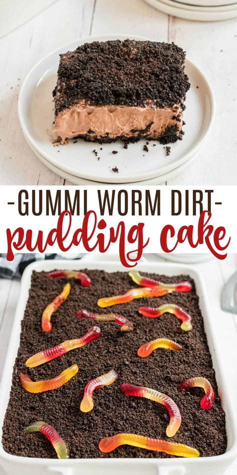 Dirt Cake Dessert - A whipped cream pudding cake topped with crushed Oreos and gummy worms. This easy no bake dessert is a kid favorite! Dirt Cake Dessert, Dirt Dessert Recipe, Chocolate Dirt Cake, Dirt Pudding Recipes, Worm Cake, Dirt Recipe, Dirt Cake Recipe, Easter Dirt Cake, Oreo Dirt Cake