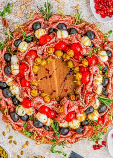 Antipasto Wreath, Best Sweet Potato Casserole, New Year's Eve Appetizers, Holiday Appetizers Recipes, Averie Cooks, Marinated Mushrooms, Olive Relish, Tomato Mozzarella, Sliced Baguette