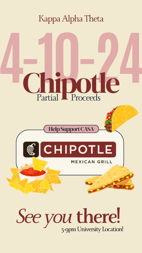 chipotle fundraiser graphic sorority ucf greek like theta kappa alpha theta College Fundraising Ideas Sorority, Fundraising Aesthetic, Fundraising Graphics, Sorority Fundraising Ideas, Sorority Fundraiser, Fundraiser Poster, Philanthropy Events, Fundraiser Flyer, Sorority Sisters