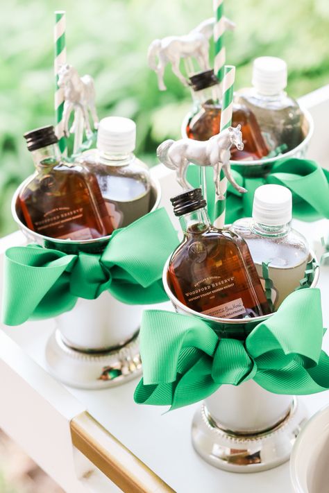 Derby Day Party Favor: DIY Mint Julep Kit by Stephanie Ziajka from the popular southern lifestyle blog Diary of a Debutante, mint julep gift set, cute Derby Day party favors, cute Kentucky Derby gift ideas, mini bottles of woodford reserve bourbon, homemade mint simple syrup Kentucky Derby Party Favors, Derby Day Party, Kentucky Derby Party Ideas Decoration, Kentucky Derby Food, Kentucky Derby Party Games, Kentucky Derby Theme, Kentucky Derby Themed Party, Mint Syrup, Kentucky Derby Pie