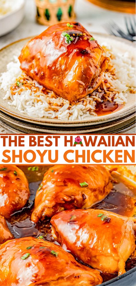 Hawaiian Shoyu Chicken — 🌸🍗👏🏻Chicken thighs are braised in a sweet and savory sauce made with soy sauce, rice wine vinegar, ginger, and more to create the most FLAVORFUL and tender chicken! It’s an EASY, one-pot stovetop chicken recipe that cooks in about 30 minutes. When you need a unique but simple chicken dinner recipe, try this one - you may even feel like you just took a trip to the Hawaiian islands! Hawaiian Shoyu Chicken, Shoyu Chicken Recipe, Shoyu Chicken, Soy Sauce Rice, Fish Pasta, Stovetop Chicken, Chicken Dinner Recipe, Hawaiian Chicken, Simple Chicken