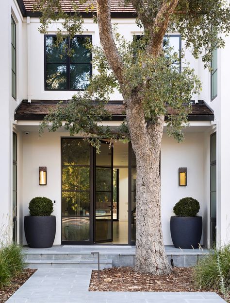 Menlo Park Residence | San Francisco Bay Area Interior Designer California Transitional Home, Organic Modern Home Exterior, California Homes Exterior, Moody Home Exterior, Transitional House Exterior, Menlo Park California, Christina Hall, House Mediterranean, Transitional Exterior