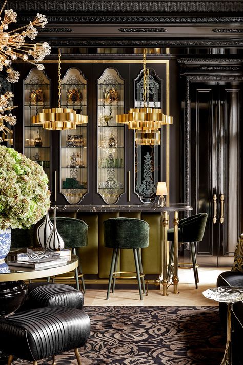 Gold Interiors | Lori Morris Design | Luxury spaces in dazzling gold Luxury Bar, Creativity Inspiration, Home Bar Designs, Bar Interior, Lounge Design, Gold Interior, Dark Interiors, Estilo Art Deco, Interior Design Art