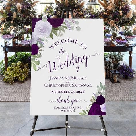 $43.20 | Plum Purple & Lavender Roses Boho Wedding Welcome #wedding welcome sign, thank you for celebrating, elegant script calligraphy, names of couple and date, stylish classy and sophisticated, rustic boho chic floral, eucalyptus leaves and foliage, garden botanical, purple watercolor roses, plum and lavender flowers Plum Wedding Invitations, Plum Wedding, Church Wedding Decorations, Script Calligraphy, Wedding Posters, Eucalyptus Wedding, Wedding 2024, Purple Watercolor, Lavender Roses