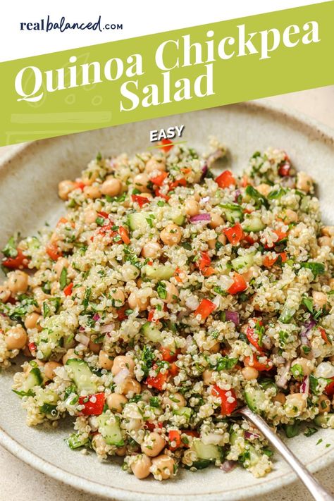 This Quinoa Chickpea Salad is a great dish that’s perfect for any occasion. Packed with fresh vegetables and a lemon-garlic dressing, it’s healthy, flavorful, and surprisingly filling. Best of all, it comes together with minimal effort, so it's a great option for a quick lunch, light dinner, or potluck side. #realbalancedblog #salad #chickpeasalad Quinoa Recipes Salad, Quinoa Salad Dressing, Simple Quinoa, Quinoa Chickpea Salad, Easy Quinoa Salad, Fresh Corn Salad, Chicken Caesar Pasta Salad, Garlic Dressing, Chickpea Salad Recipes