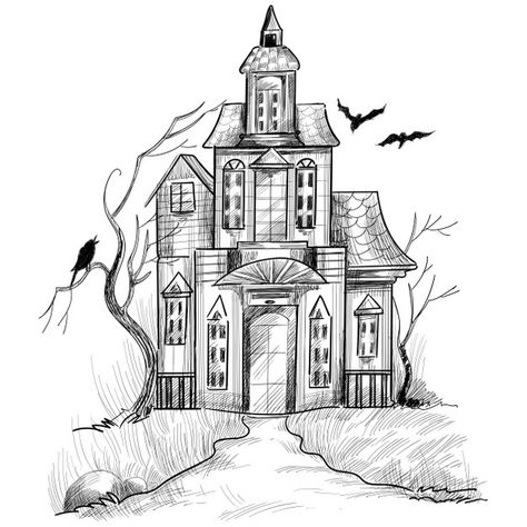 Haunted House Drawing, Pencil Drawing Inspiration, Haunted Images, Umbrella Drawing, Easy Pencil Drawings, Castle Drawing, Pencil Drawings Of Flowers, Casa Halloween, Feliz Halloween