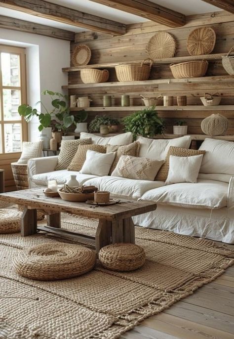 Organic Bohemian Decor, Earthy Boho Home Aesthetic, Boho Natural Living Room, Warm Beige Living Room, Wooden Furniture Living Room, Downstairs Flooring, Cozy Rustic Living Room, Earthy Living Room Ideas, Rustic Living Rooms