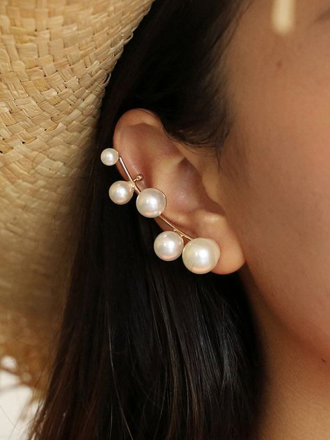 Vintage Geometric Pearl Stud Earrings Casual Metal Irregular Pearl Ear Clip Earrings online - NewChic Pearl Earring Set, Ear Crawler Earrings, Pearl Cuff, Casual Earrings, Climber Earrings, Party Earrings, Moda Vintage, Pearl Stud Earrings, Bohemian Wedding