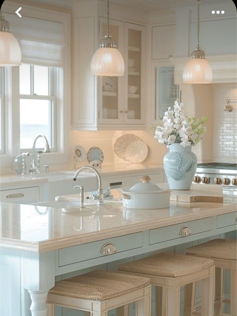 White Beach Kitchen Ideas, Coastal Kitchen Mood Board, Coastal Kitchen Sink, Blue Coastal Kitchen, Coastal Kitchen Island, Blue And White Cabinets, Small Beach House Interior, Coastal Kitchen Backsplash Ideas, Small Coastal Kitchen