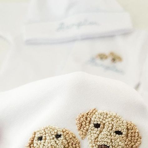 custom hand embroidery by kaitlyn true on Instagram: "french knot puppies for baby Hampton's arrival 🩵🩵🩵 🪡 original design @by.kaitlyntrue" French Knot Embroidery Designs, Knot Embroidery Designs, Knot Embroidery, French Knot Embroidery, French Knot, January 11, Baby Patterns, The Hamptons, Original Design