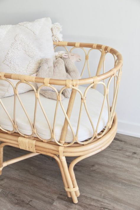 Rattan crib Java will add a beautiful modern boho vibe to your nursery. It is a sturdy staple piece that will not be left unnoticed. The Java crib is made in 2 parts that are stacked together perfectly - bassinet comes on top of the legs and can be removed for easier storage. The crib also comes with a comfortable cushion for your baby's sweetest dreams. Our rattan collection is handmade by Indonesian craftsmen in West Java therefore each of our pieces is unique. All rattan is sourced locally. T Rattan Crib, Rattan Nursery, Boho Crib, Vintage Crib, New Mattress, Sweetest Dreams, Mobile Hanger, Scandi Boho, West Java