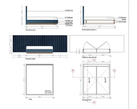 Bed Drawing, Furniture Details Drawing, Furniture Design Sketches, Interior Design Renderings, Joinery Design, Interior Design Drawings, Joinery Details, Bedroom Door Design, Ceiling Design Living Room