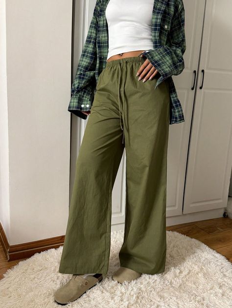 Women's New Military Green Drawstring Waist Casual Wide Leg Pants Army Green Casual   Woven Fabric Colorblock,Plain Wide Leg Non-Stretch  Women Clothing, size features are:Bust: ,Length: ,Sleeve Length: Ocean Fashion, Wide Leg Sweatpants, Casual Wide Leg Pants, Warm Jacket, Vintage Casual, Camisa Polo, Kids Sleepwear, Boho Women, Inspiration Mode