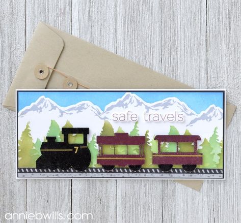 Handmade Cards With Trains, Train Cards Handmade, Trees Stencil, Train Cards, Bon Voyage Cards, Glacier Express, Paper Train, Tree Stencil, Train Birthday