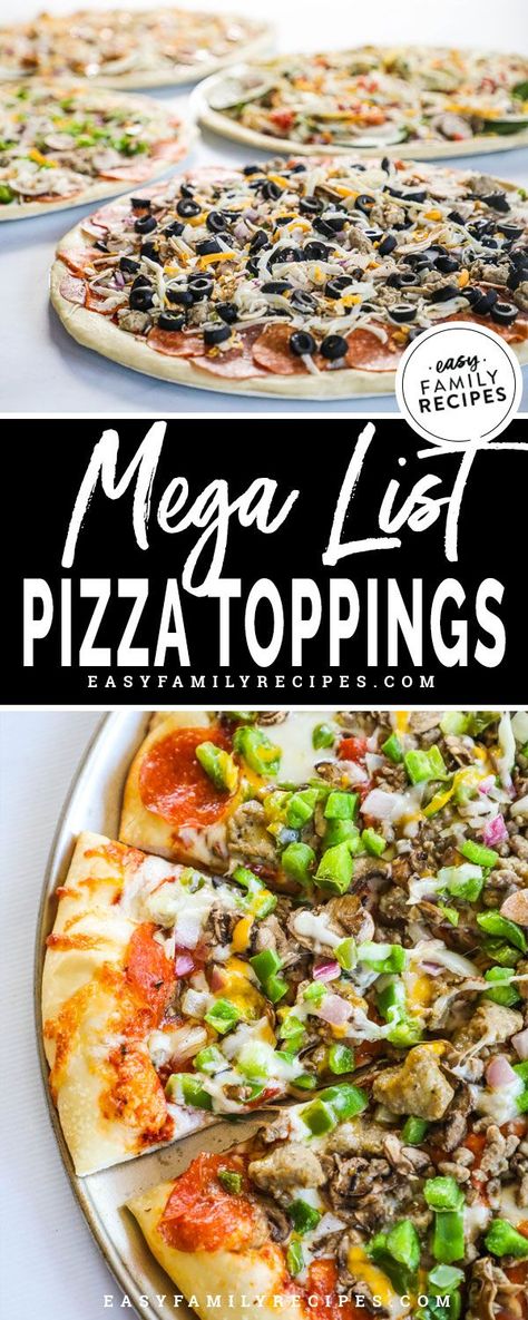 MUST SAVE! This list is genius! Every Pizza topping combination in the world! This is the perfect thing to keep handy for pizza night on friday. Whether you are looking for classic pizza ideas, or unique pizza toppings, this list has it all. Try a new pizza or go with an old favorite. Even lists vegetarian and vegan options! Pizza Toppings List, Gourmet Pizza Toppings, Unique Pizza Toppings, Pizza Topping Ideas, Healthy Pizza Toppings, Red Pizza Sauce, Pizza Toppings Combinations, Family Pizza Night, White Pizza Sauce