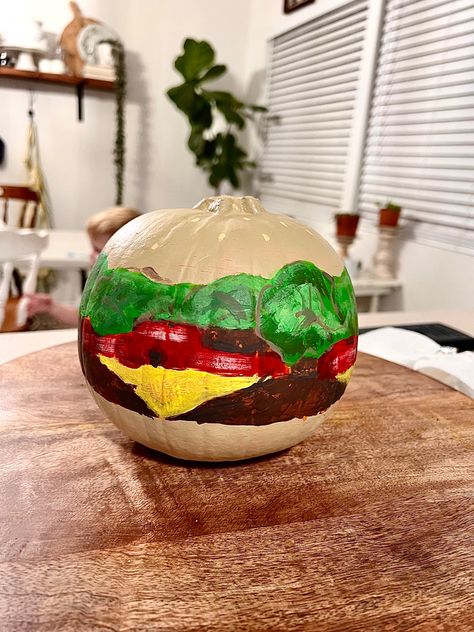 Painted pumpkin to look like cheeseburger for Halloween Cheeseburger Pumpkin, Painted Pumpkin, Pumpkin Painting, Halloween Crafts For Kids, Pumpkin Halloween, Painted Pumpkins, Pumpkin Decorating, Cheeseburger, Halloween Pumpkins