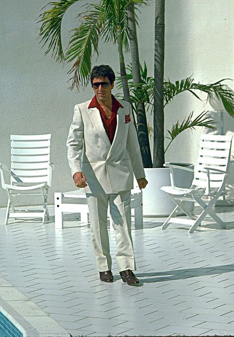 Tony Montana Suit, Scarface Suit, Scarface Aesthetic, Mafia Fashion, Mafia Movies, Double Breasted Pinstripe Suit, Montana Aesthetic, Scarface Movie, Back To Business